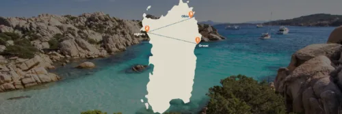 Kaart van Sardinië met routes naar steden